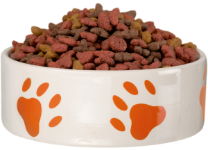 Een witte voerbak met oranje hondenpootjes tot aan de rand gevuld met droge bruine brokjes, op een effen witte achtergrond.
