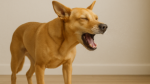 Een middelgrote bruine hond staat op een houten vloer en gaapt met gesloten ogen, terwijl hij zijn oren iets naar achteren heeft gericht.