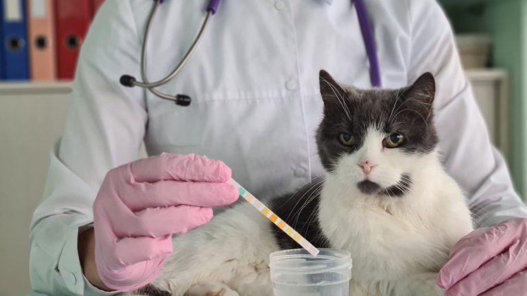 Een dierenarts met roze handschoenen en een stethoscoop houdt een teststrip boven een plastic bakje terwijl een zwart-witte kat rustig op de onderzoekstafel ligt