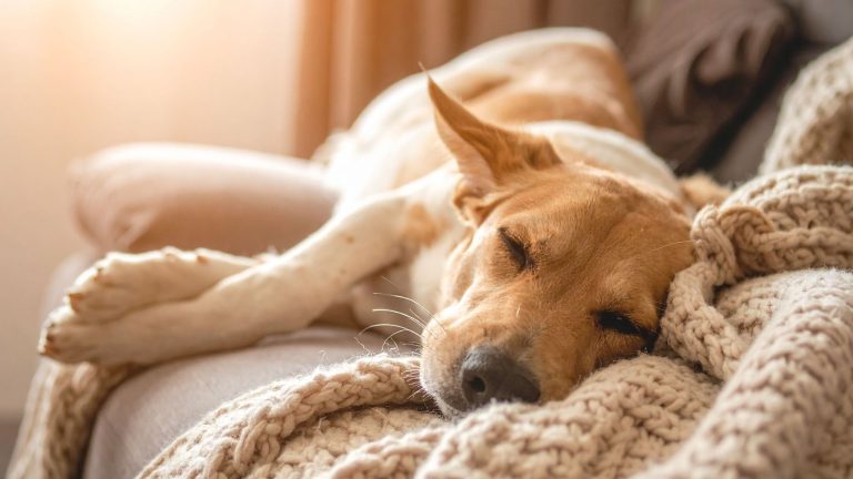 Een slapende hond ligt op een geruit wollen kleedje op de bank