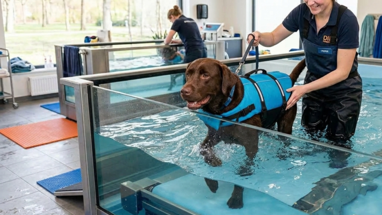 Bruine labrador staat in bad voor hydrotherapie