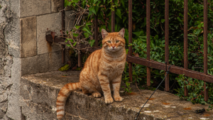 Een oranje kat zit op een muurtje voor een hek. PetSecur