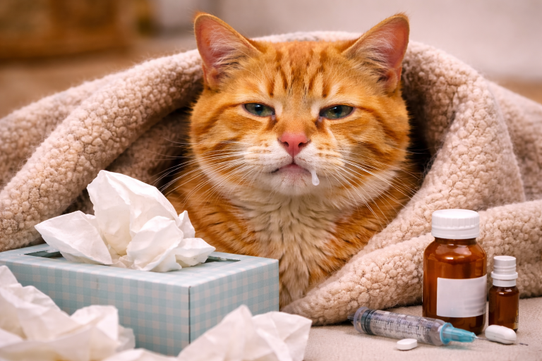Een kat heeft medicijnen en ligt onder een dekentje omdat die verkouden is