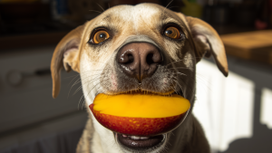 Hond eet een stuk mango. PetSecur