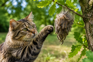 Nieuwsgierig kat bij rupsenweb PetSecur